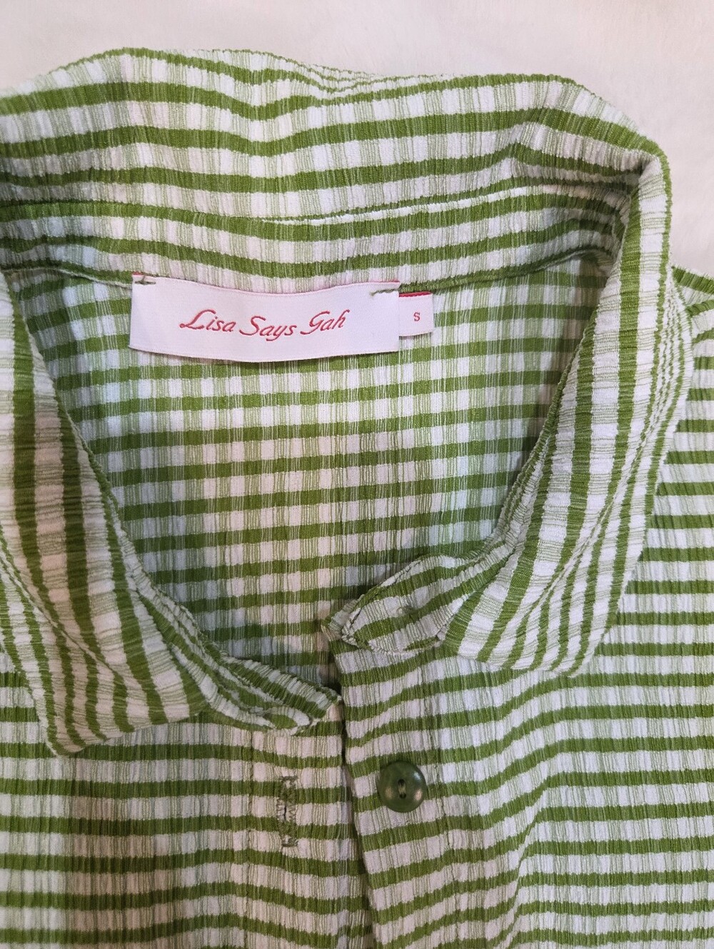 Lisa Says Gah Green and White Gingham Button-Up Top - Picture 3 of 3